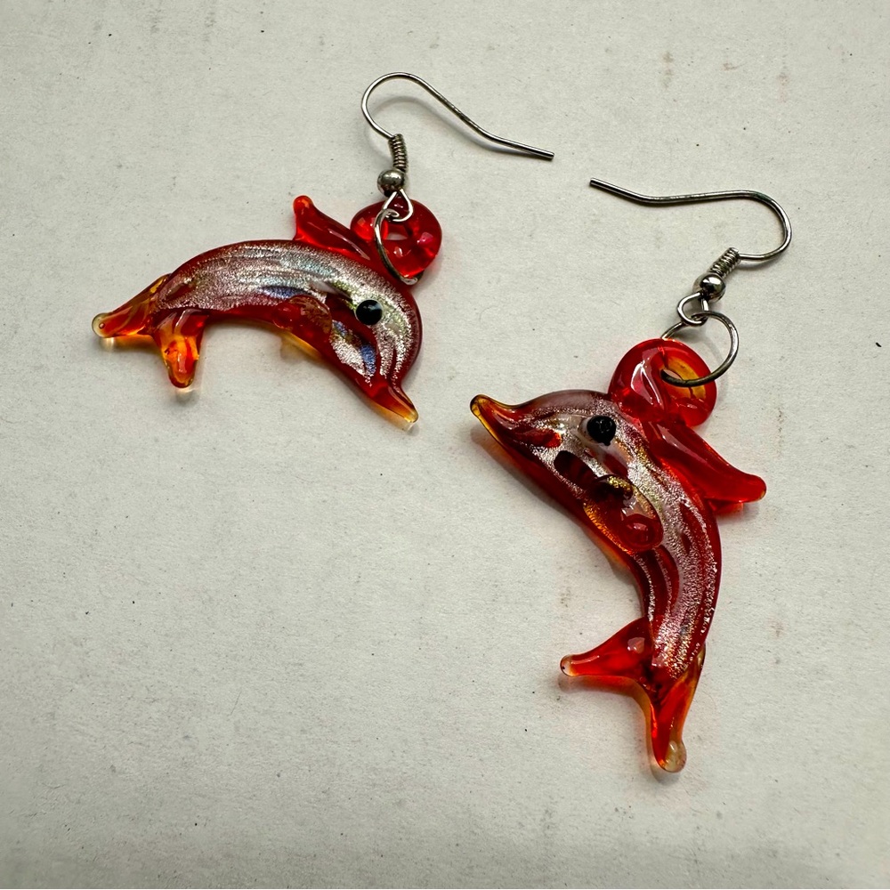 Glass dolphins earrings new never worn hand crafted
